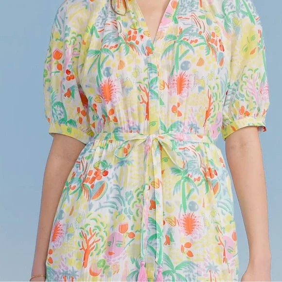 New Roller Rabbit Vacation Short Sleeve Maxi Dress Yellow/Green Size M - Picture 3 of 10